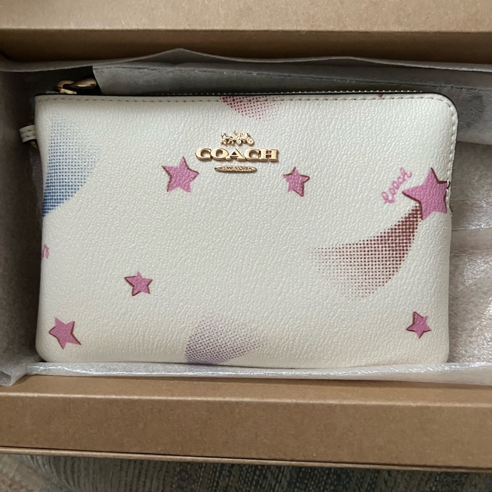 Coach White and Pink Star Wristlet in. A Coach Gift Box. NWT